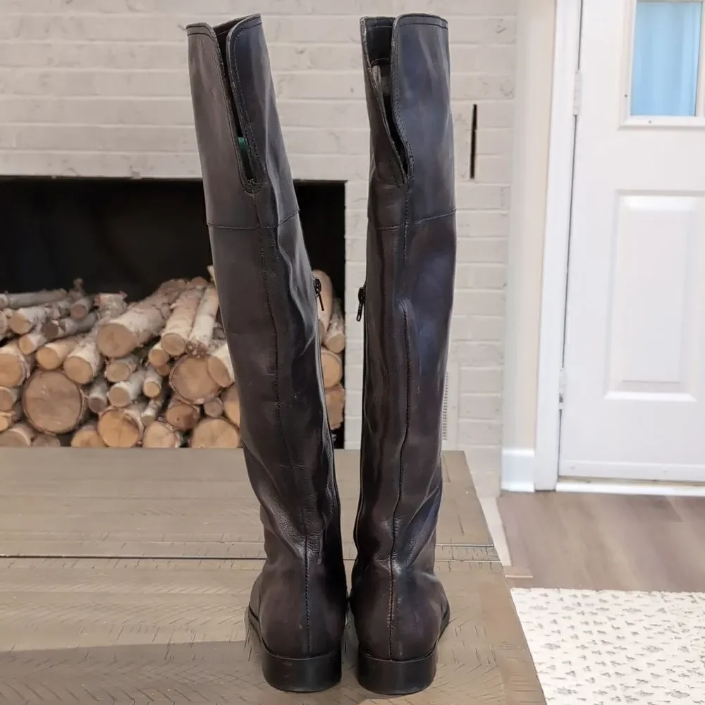 Anthropologie Miss Albright Black Gray Antique Leather Over The Knee Boots Sz 39